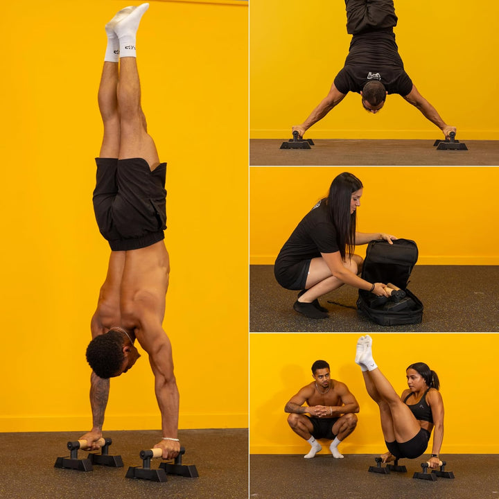 Gravity Fitness Parallettes Calisthenics Dip Barren mit Hybrid Holzgriffen – Stabil & Tragbar für Zu