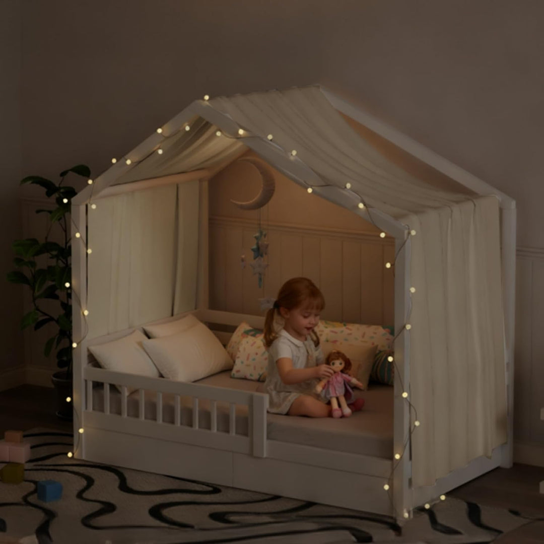 Hausbett Himmel mit Lichterkette 1 Stück Deko Baldachin Hausbett Vorhang,Betthimmel Musselin Stoffhi