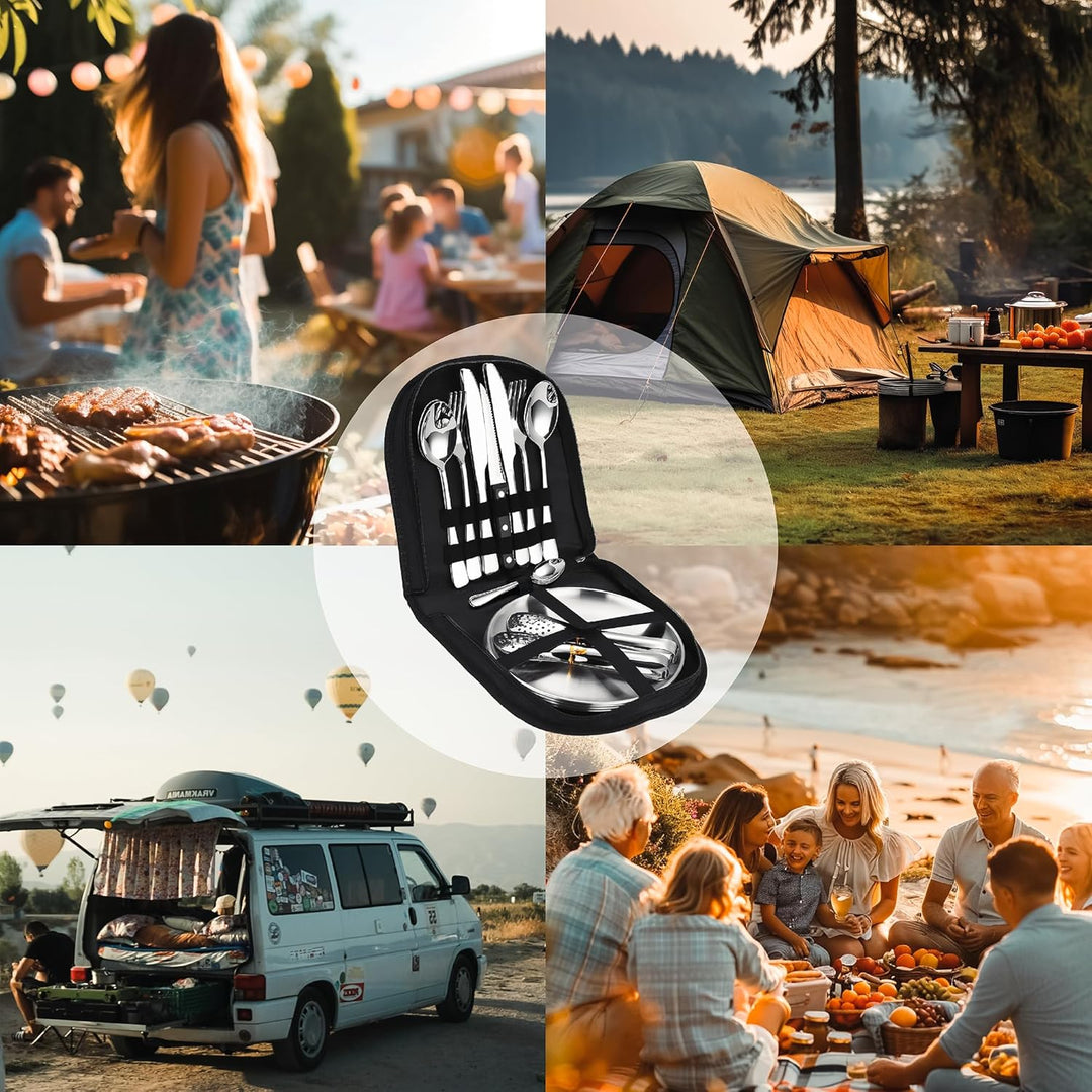 [23-teilig für 4 Personen] Camping Besteckset. Edelstahl-Gabeln, Messer und Löffel. Inklusive tragba