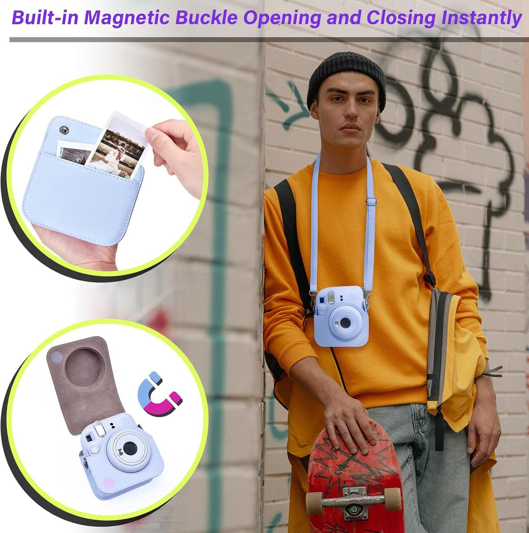 HIYQIN Kamera Tasche Kompatibel mit Fujifilm Instax Mini 12, Ästhetisch Kunstleder Hülle mit Mini Fo