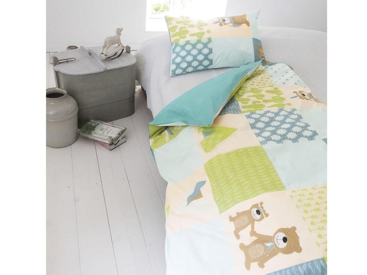 Bio Kinderbettwäsche 100% Bio-Baumwolle (kbA) GOTS zertifiziert, Patchwork Bär, 100 x 135 cm / 40 x