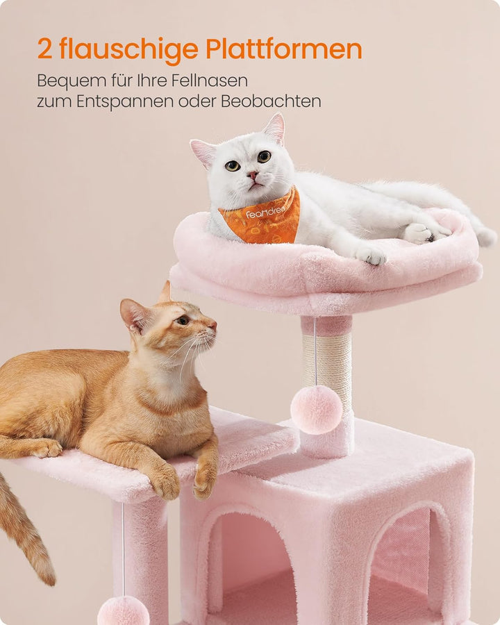 Feandrea Kratzbaum, 112 cm hoch, Katzenbaum, mehrstöckiges Katzenhaus, mit 4 Kratzsäulen, 2 Plattfor