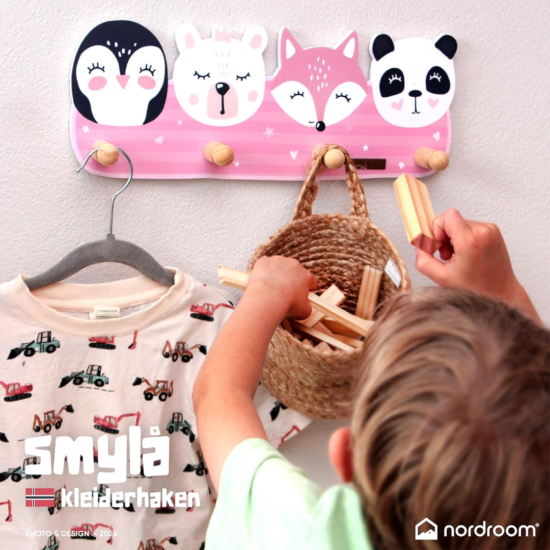 Kindergarderobe mit 4 Haken - Wandgarderobe mit Tiermotiven für Kinderzimmer Garderobenhaken aus Hol