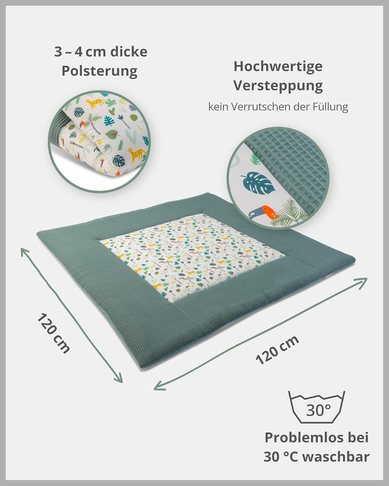 ULLENBOOM ® Baby Krabbeldecke 120x120 cm gepolstert - Salbeigrün-Regenwald (Made in EU) - Krabbeldec