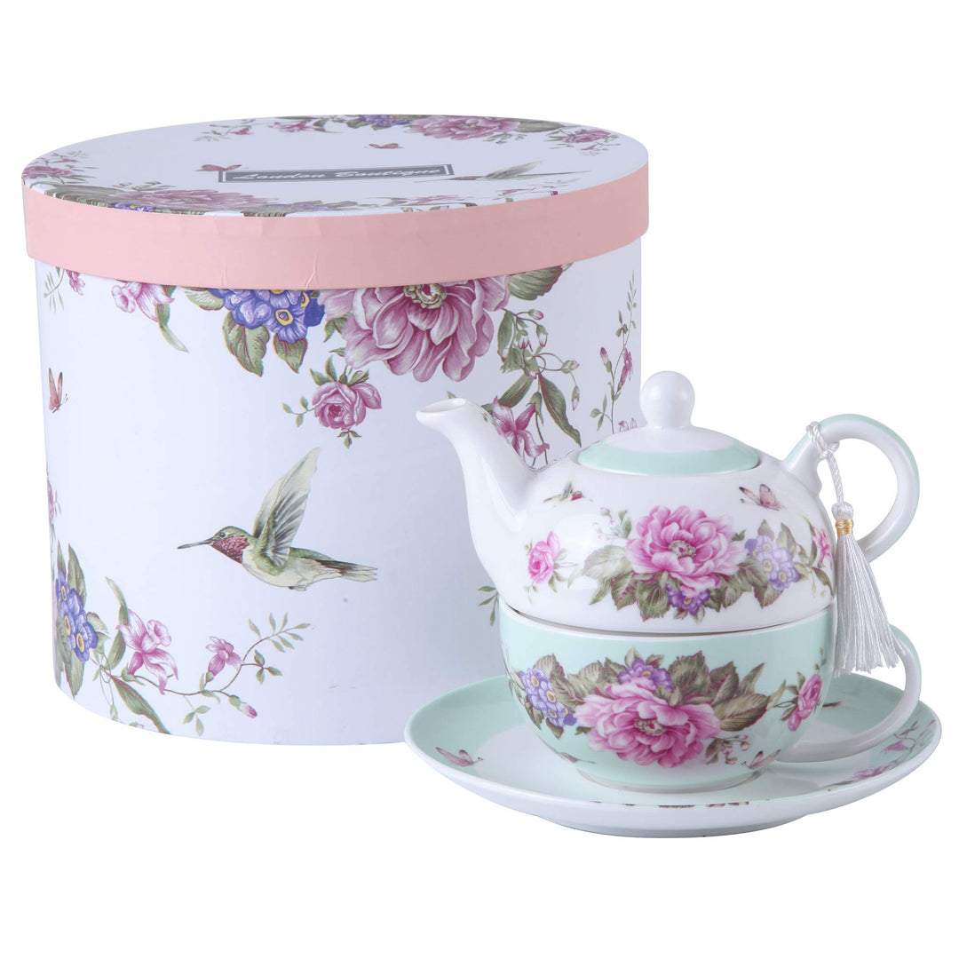 London Boutique Tea for one Teekanne Tasse Suacer Set Shaby Chic Flora Vogel Rose Schmetterling Porz