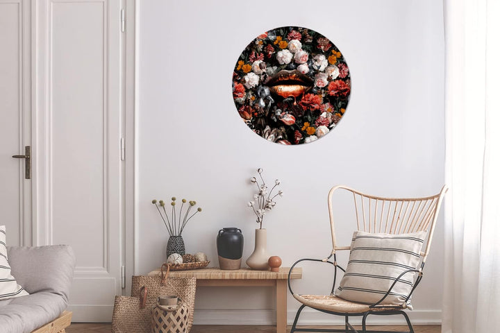 Wandbild Rund Wanddeko Deko Wohnzimmer Bilder 60x60 cm Lippen - Blumen - Farbe - Orange - Kunst - Ab