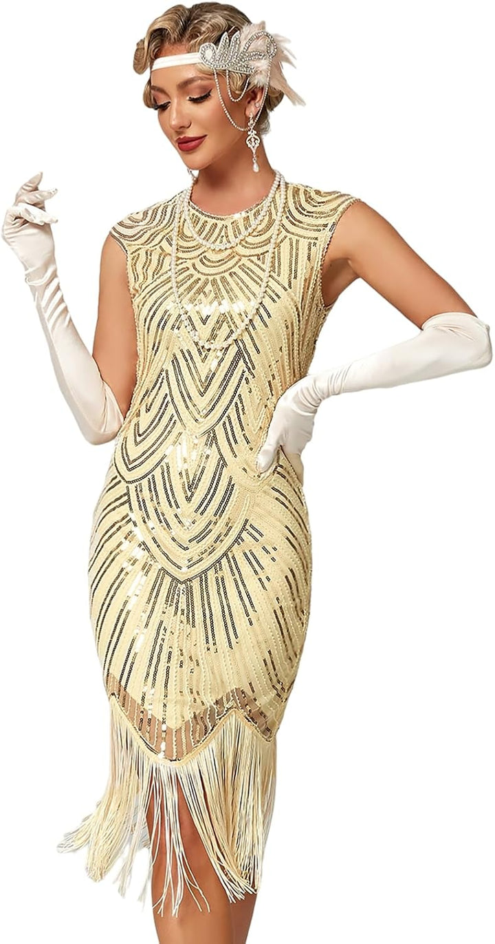 VILOREE Damen Kleid voller Pailletten 20er Stil Runder Ausschnitt Inspiriert von Great Gatsby Kostüm