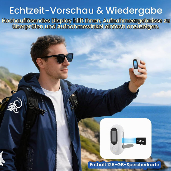 Mini Action Cam 1080P Bodycam mit Batteriefach &amp; 128GB SD-Karte, Helmkamera für Motorrad Fahrrad Spo