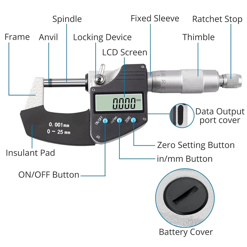 AUTOUTLET Micrometer Digitale Bügelmessschrauben 0-25 mm/ 0.001mm(0.00005"), LCD Digitale Mikrometer