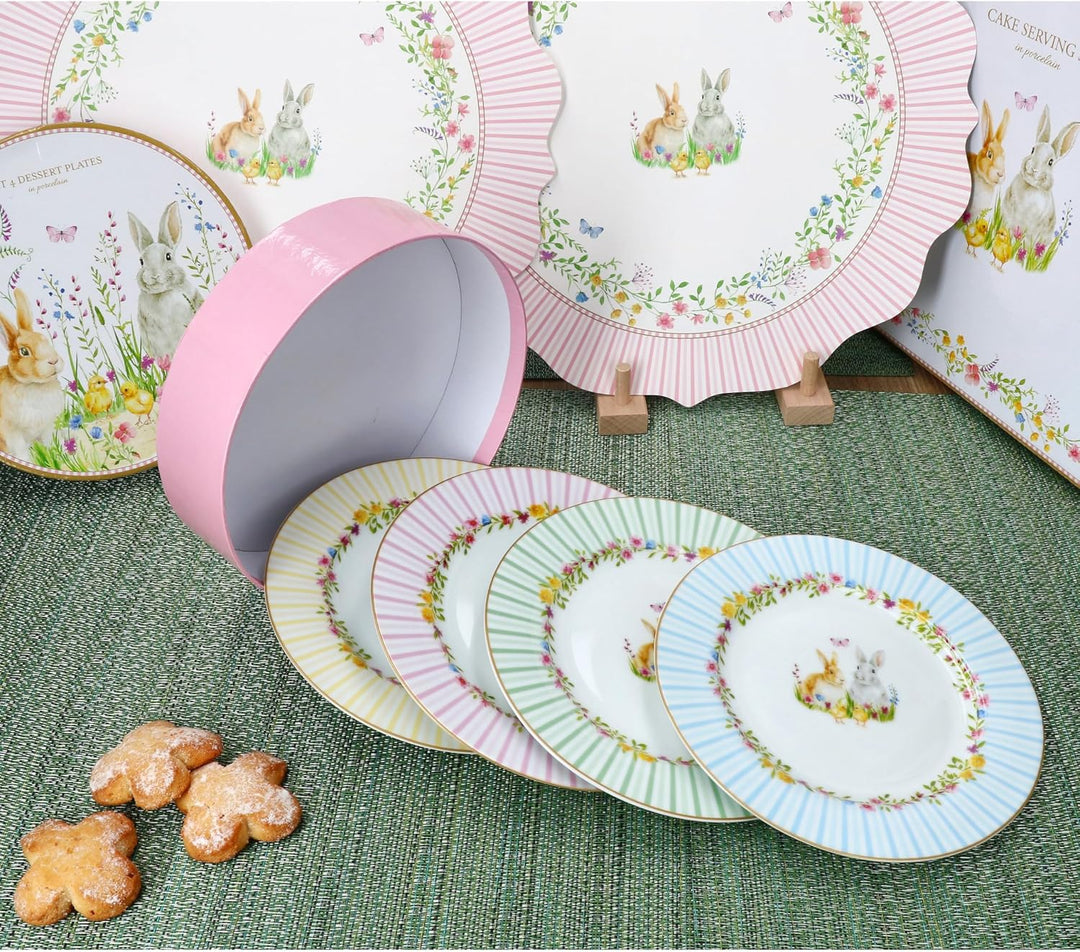 MamboCat Happy Easter 4er Set Kuchenteller I Porzellan-Frühstücksteller für 4 Personen mit Oster-Dek