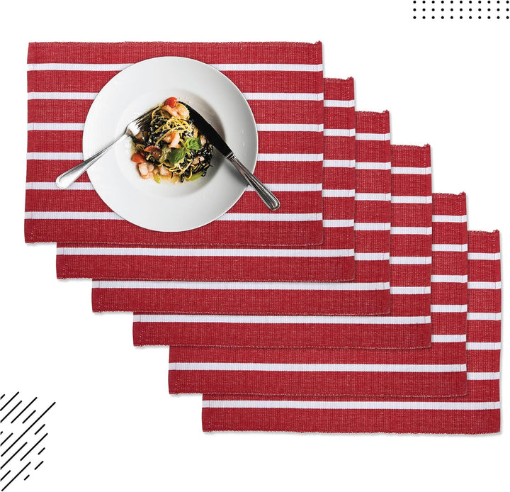 Encasa XO Platzsets Esstisch Set von 6 | Roma rote Streifen | Fein gerippte Baumwoll-Tischunterlage