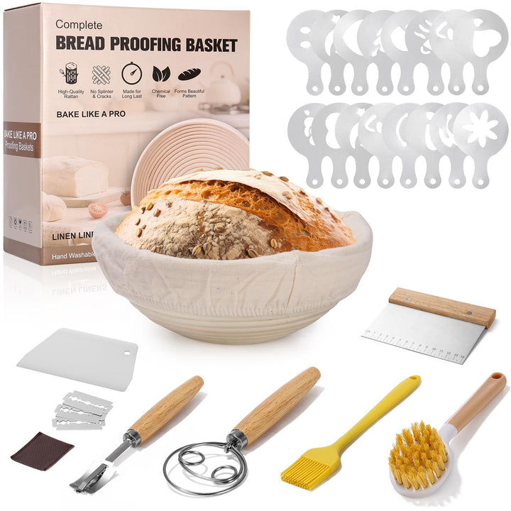 25 teilig Gärkorb Brot Set, 23 cm Gärkörbchen rund und Komplettset Brotbackzubehör, Brotbackset Brot