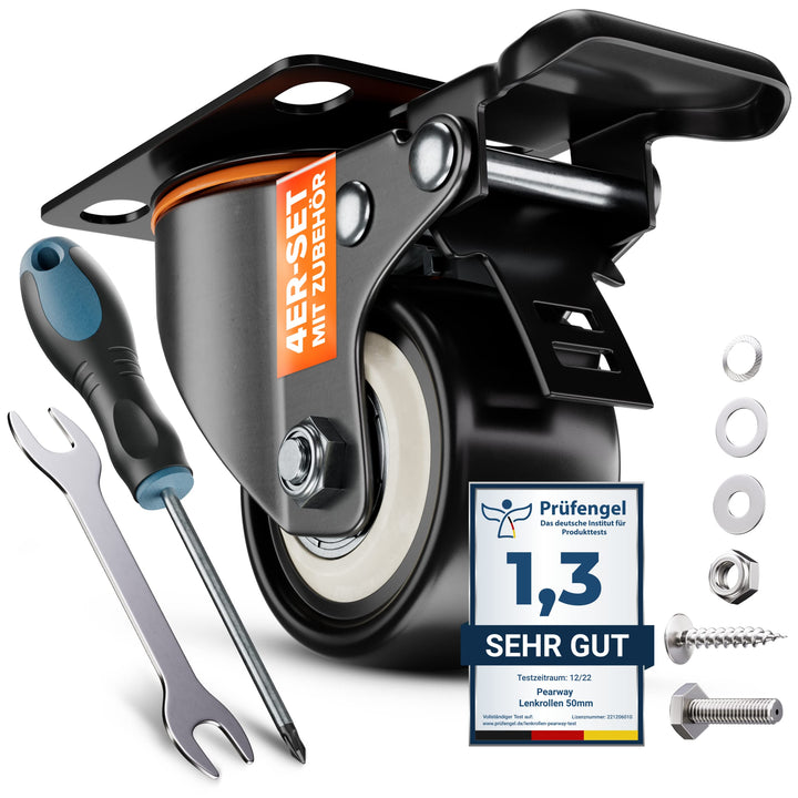 PEARWAY™ Premium Lenkrollen 50mm mit Bremse [4x gesamt 320kg] inkl. Montagezubehör I Robuste Transpo