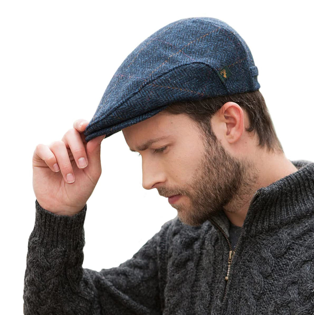 Mucros Weavers Herren Flat Flache Kappe M Blaues Fischgrätenmuster, M Blaues Fischgrätenmuster