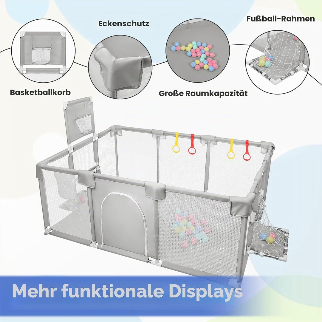 Laufstall, XXL, faltbar, modulierbar, für Babys, mit Barrieren/Netzen/Ozeanball/4 Griffen, extra gro