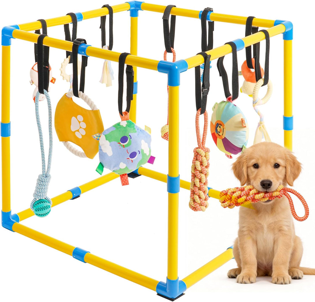 Welpen Spielgym für Kleine Hunde, 60 x 60 cm mit 12 Hängespielzeugen | Indoor Hundespielplatz mit An