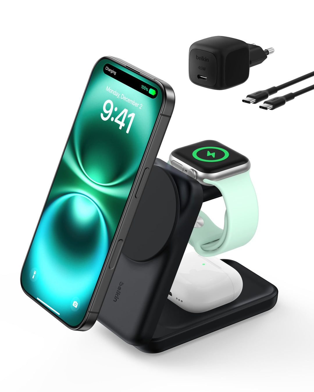 Belkin UltraCharge 3 in 1 Ladestation mit Qi2.2, 25W, Ladegerät MagSafe Kompatibel, Induktive Ladest