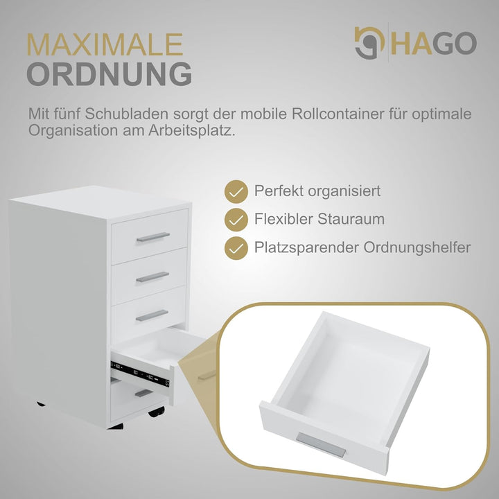 HAGO24 | Rollcontainer | Bürocontainer | Büroschrank | Aktenschrank | Rollschrank | 5 Schubladen | A
