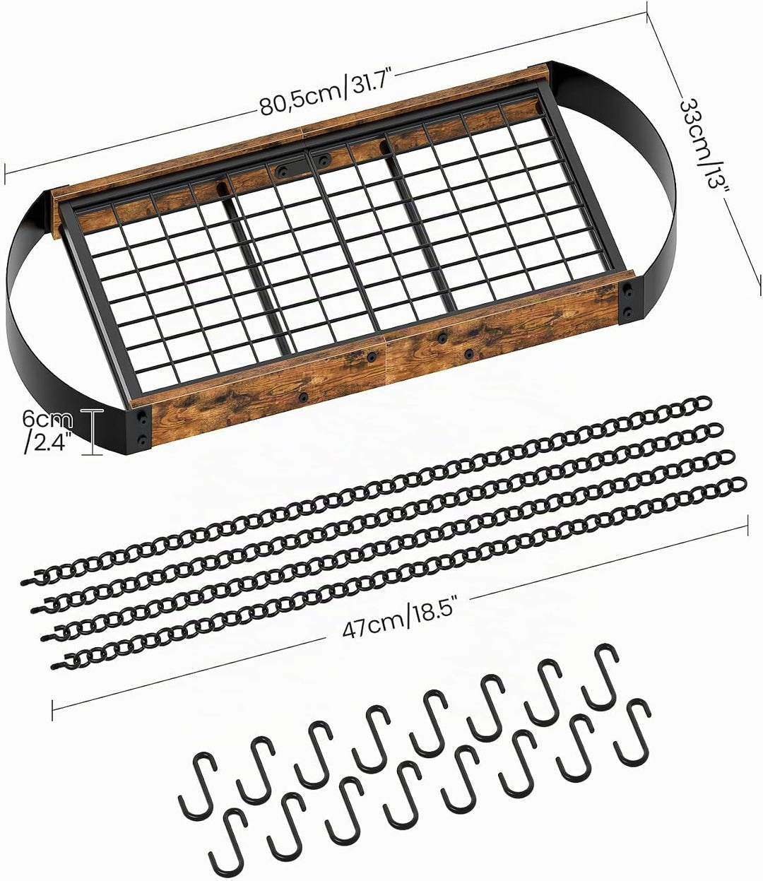 80,5 cm Wandregal Küche, hängendes Küchenregal, Topfregal Deckenregal, Topfdeckelhalter, Pfannenhalt