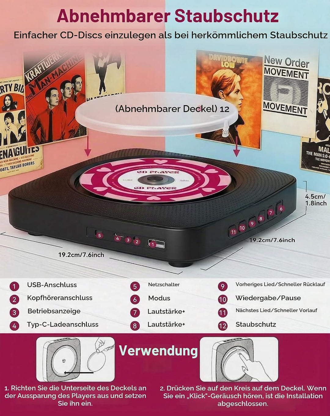 CD Player Tragbar Bluetooth Radio mit CD-Player mit Lautsprecher Unterstützung USB &amp; AUX-Wiedergabe