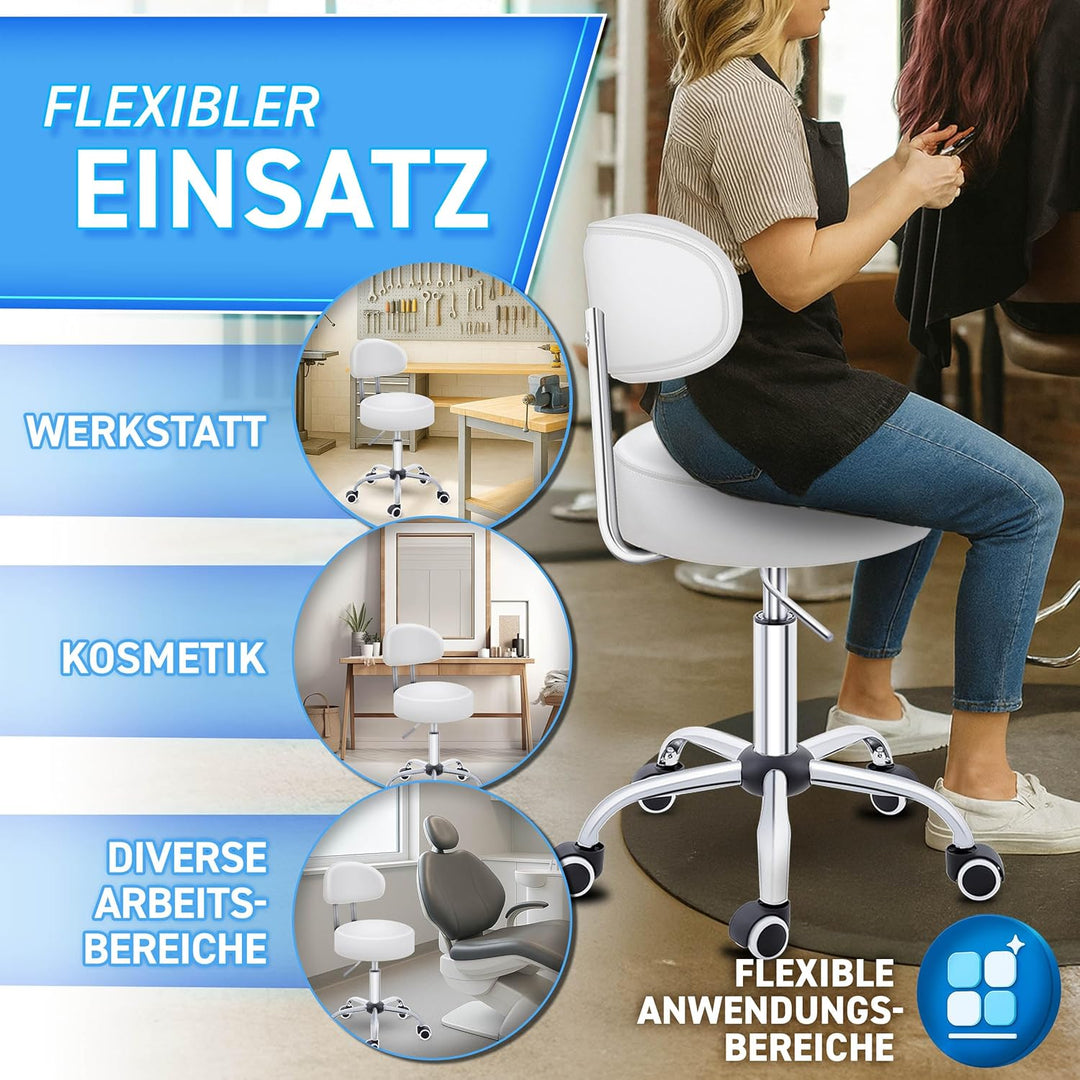 TRESKO® Rollhocker mit Lehne Weiss | Arbeitshocker höhenverstellbar 46-58 cm | Drehhocker mit Rollen