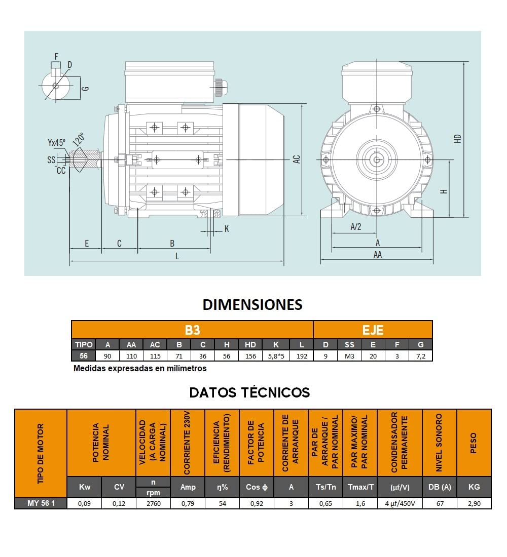 Elektrischer Motor, einphasig, 3000 U/min, 230 V, 0,09 kW, 0,12 PS, B3, Grösse 56 mm, Durchmesser de