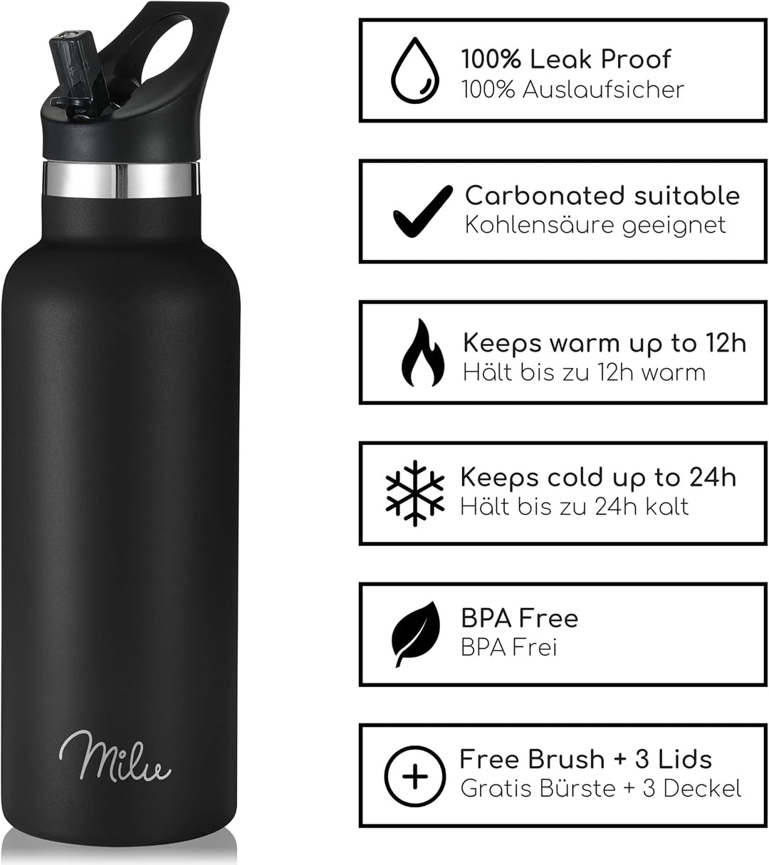 Milu Edelstahl Trinkflasche 500ml, 750ml, 1000ml (+3 Deckel) - Thermosflasche mit Strohhalm, Isolier