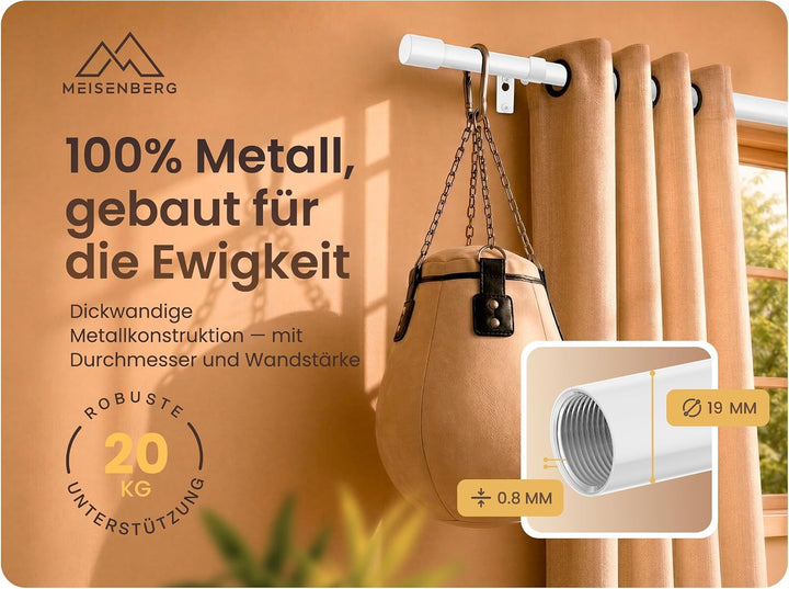 MEISENBERG Gardinenstange Ausziehbar Weiss, Wandmontage Set mit Halterungen Weiss 82-112 cm, Weiss 8