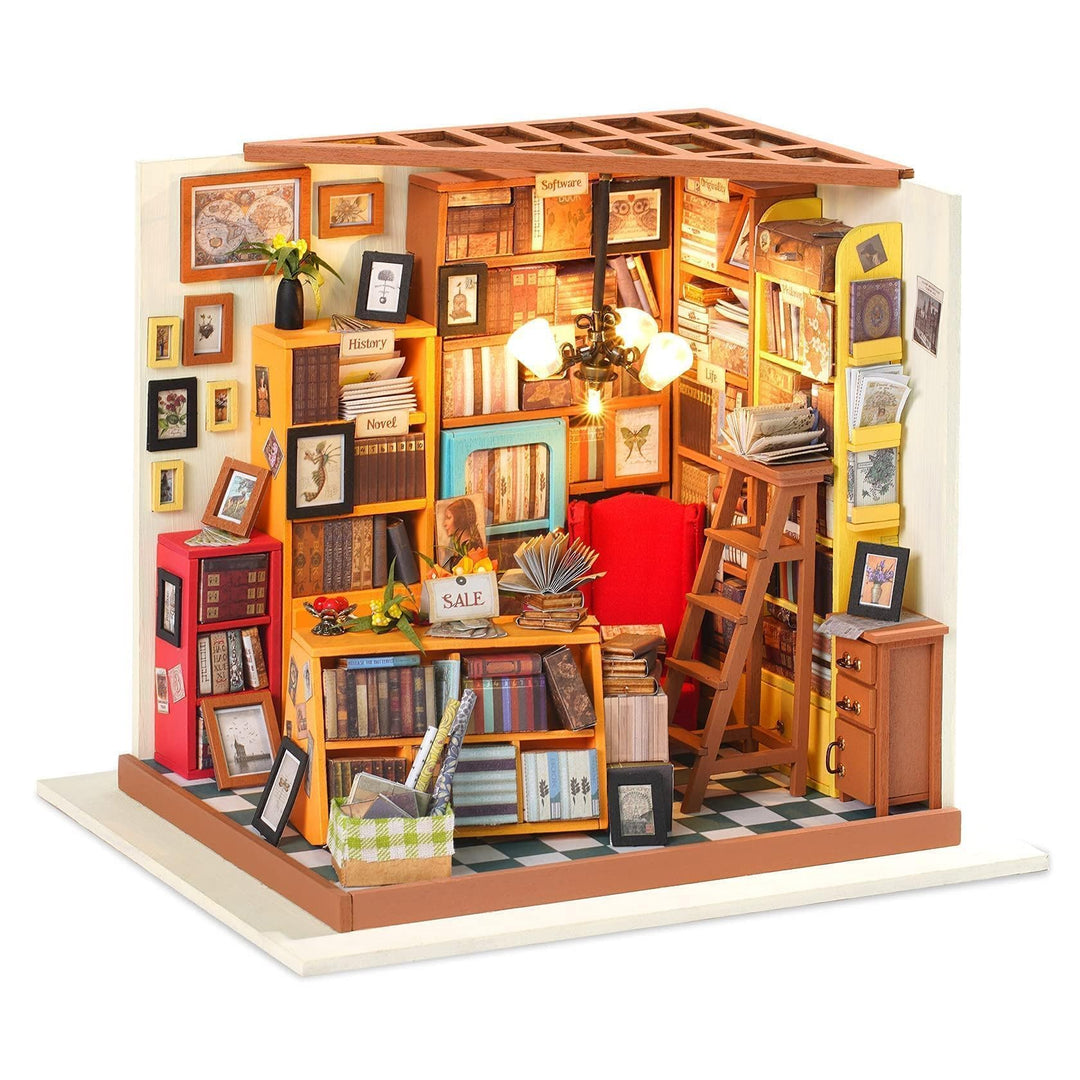 RoWood DIY Miniatur Haus Buchhandlung Puppenhaus mit Licht, DIY Mini Holz Haus Modell Set, Bastelset