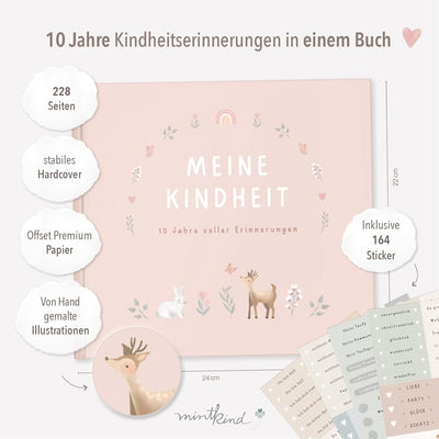 "Meine Kindheit" Erinnerungsalbum Rosa + Sticker Set I deine ersten 10 Jahre I Fotoalbum Kinder Gesc
