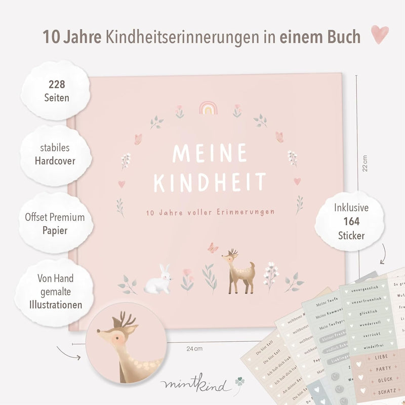 "Meine Kindheit" Erinnerungsalbum Rosa + Sticker Set I deine ersten 10 Jahre I Fotoalbum Kinder Gesc