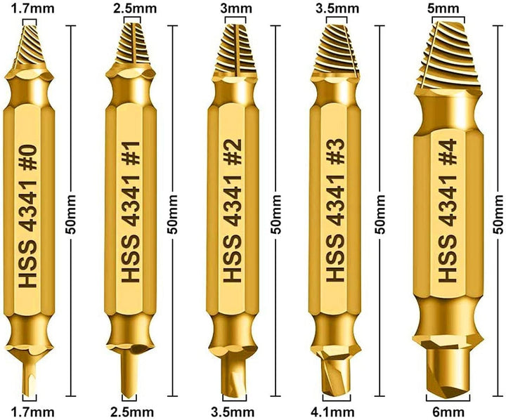 HSS 4341 Schraubenausdreher Set, 5-teilig, M3-M18, Beschädigte Schrauben Entferner, Linksdreher mit