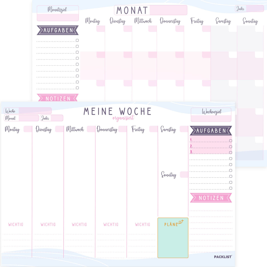 PACKLIST Wochenplaner + Monatsplaner Block A4 ohne Festes Datum. Terminplaner, Familienplaner mit Mo