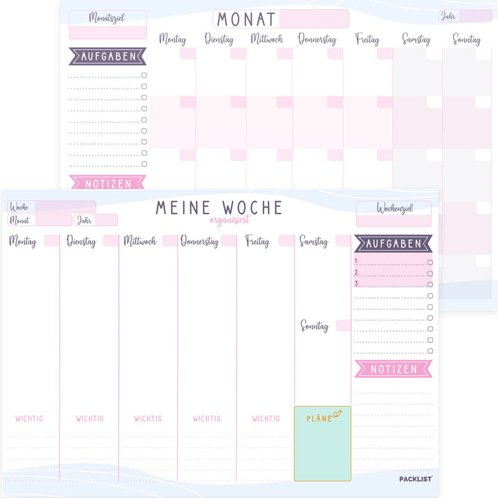 PACKLIST Wochenplaner + Monatsplaner Block A4 ohne Festes Datum. Terminplaner, Familienplaner mit Mo