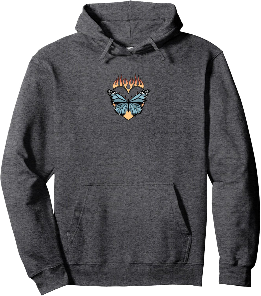 Flaming Heart Center Butterfly Pullover Hoodie