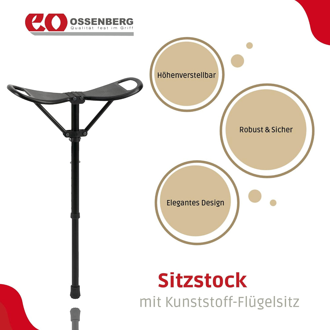 Ossenberg Sitzstock mit Kunststoff-Flügelsitz - Gehstock mit ausklappbarem Sitz - Stehhocker höhenve