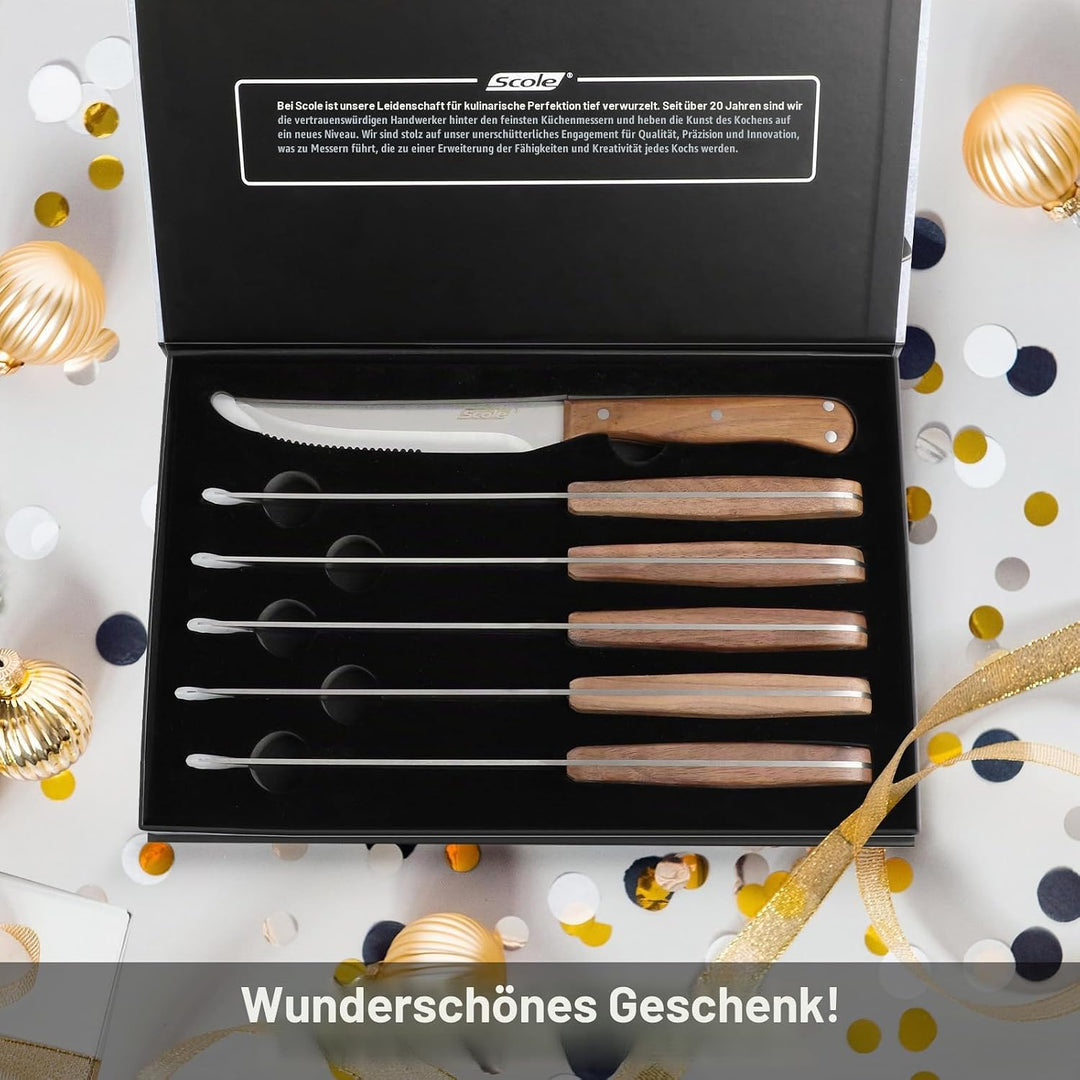 SCOLE® Steakmesser Set 6-teilig, Küchen Steakbesteck Messer set aus Carbon Edelstahl mit Wellenschli