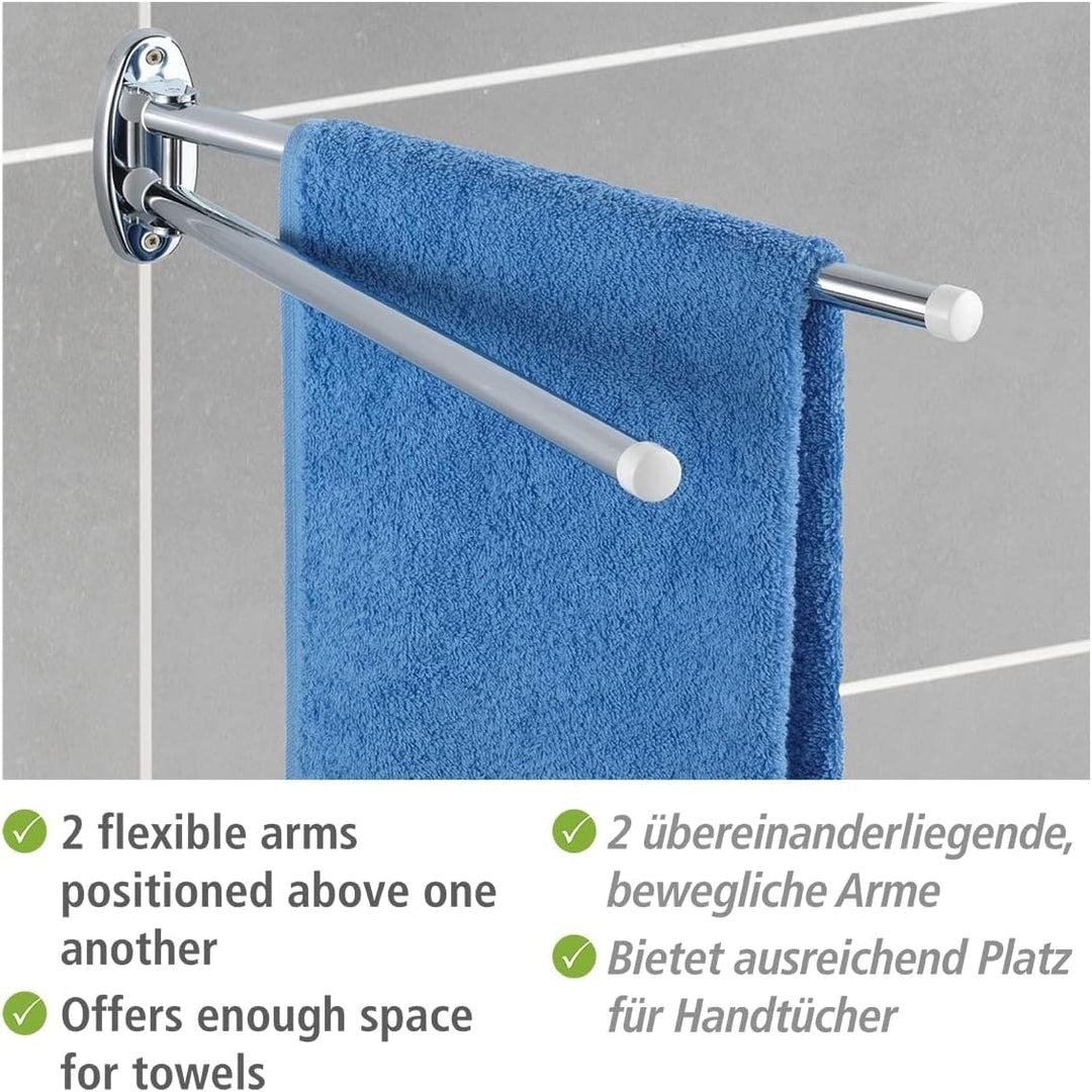 WENKO Handtuchhalter Basic mit 2 Armen - bewegliche, runde Arme, Edelstahl rostfrei, 4.5 x 9.5 x 41