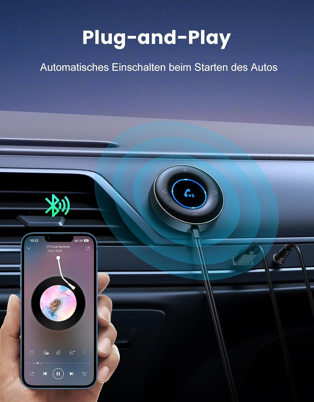 Aux Bluetooth Adapter Auto, [Plug & Play] Bluetooth 5.3 Empfänger Klinke 3.5mm, Freisprechanrufe, Du