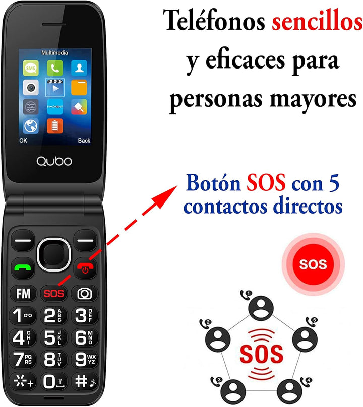 Qubo Global NEONW Mobiltelefon mit Deckel für Senioren | grosse Tasten | SOS-Taste | 2,4 Zoll Displa