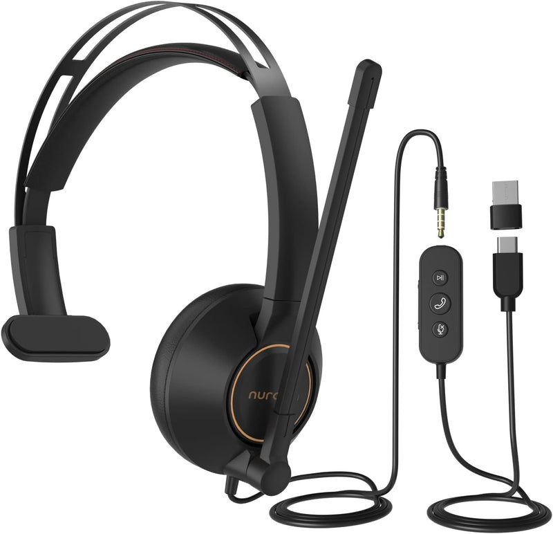 Nuroum HP11-SU USB Headset mit Mikrofon, Kabelgebundene Einzel-Ohr (Mono) Headset mit Komfort, USB-A