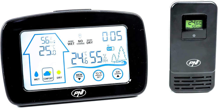 PNI Wetterstation MS500 mit drahtlosem externen Sensor, zeigt Temperatur und Luftfeuchtigkeit im Inn