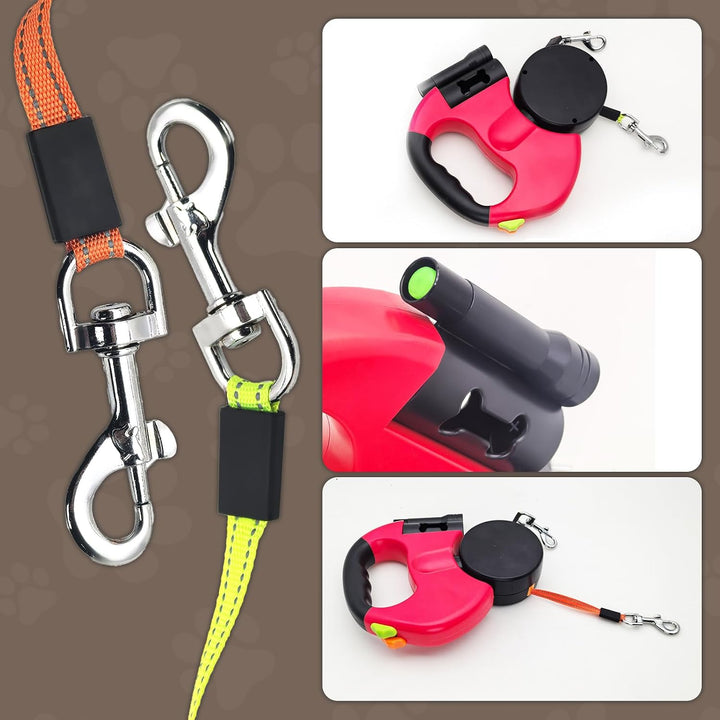 Hundeleine für 2 Hunde, Automatisch Einziehbare Hunde Leine mit Taschenlampe und Taschenspender, Dop