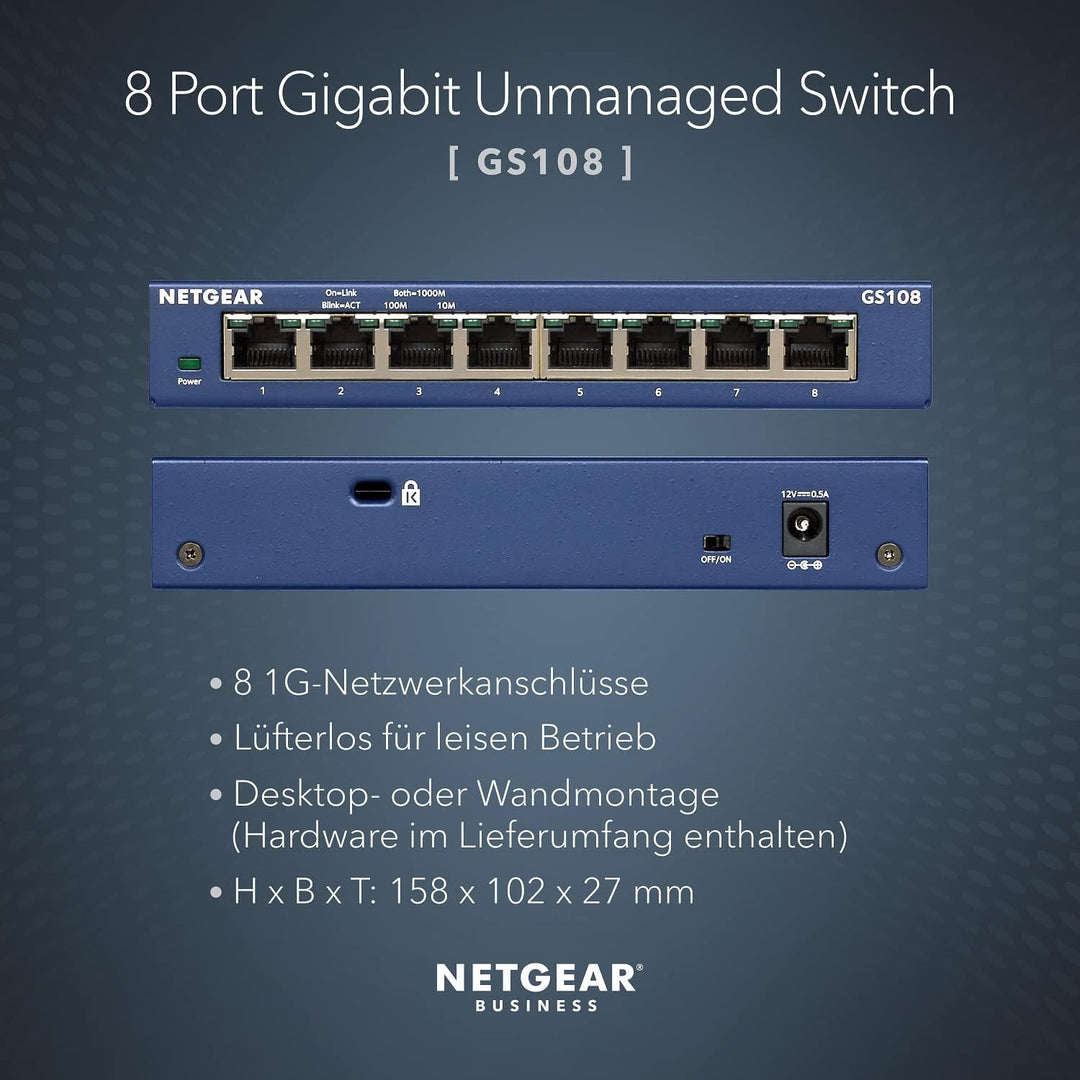 NETGEAR GS108GE LAN Switch 8 Port Netzwerk Switch (Plug-and-Play Gigabit Switch LAN Splitter, LAN Ve