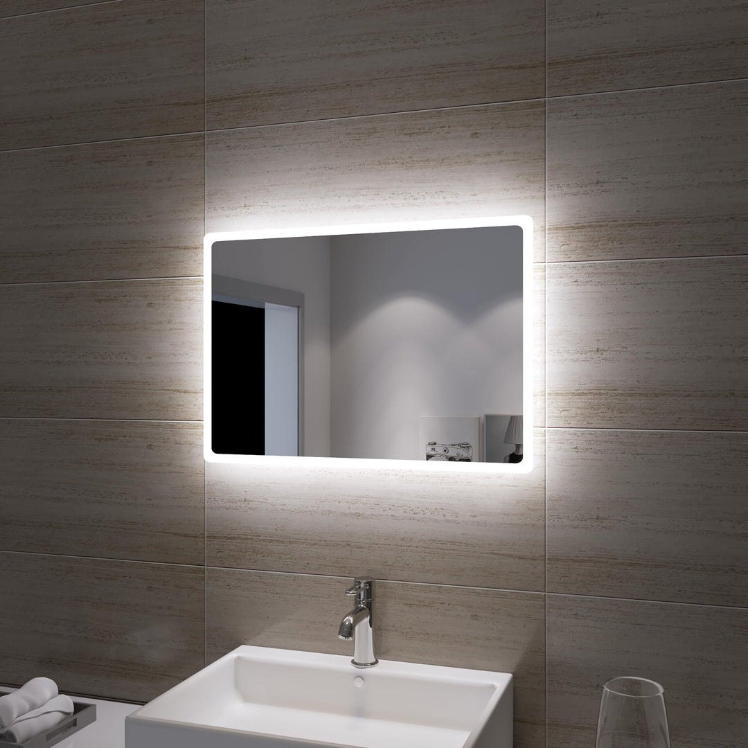 SONNI Badezimmerspiegel mit LED-Licht, 45 x 60 cm, kaltweiss, IP44, energiesparend. 60L x 40B cm Sil