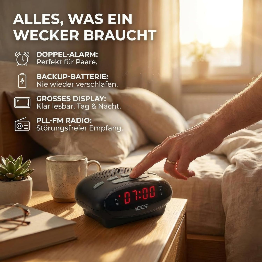 iCES ICR-210 Uhrenradio - Radiowecker mit 2 Weckzeiten - PLL FM - Schlummerfunktion - Sleeptimer - G