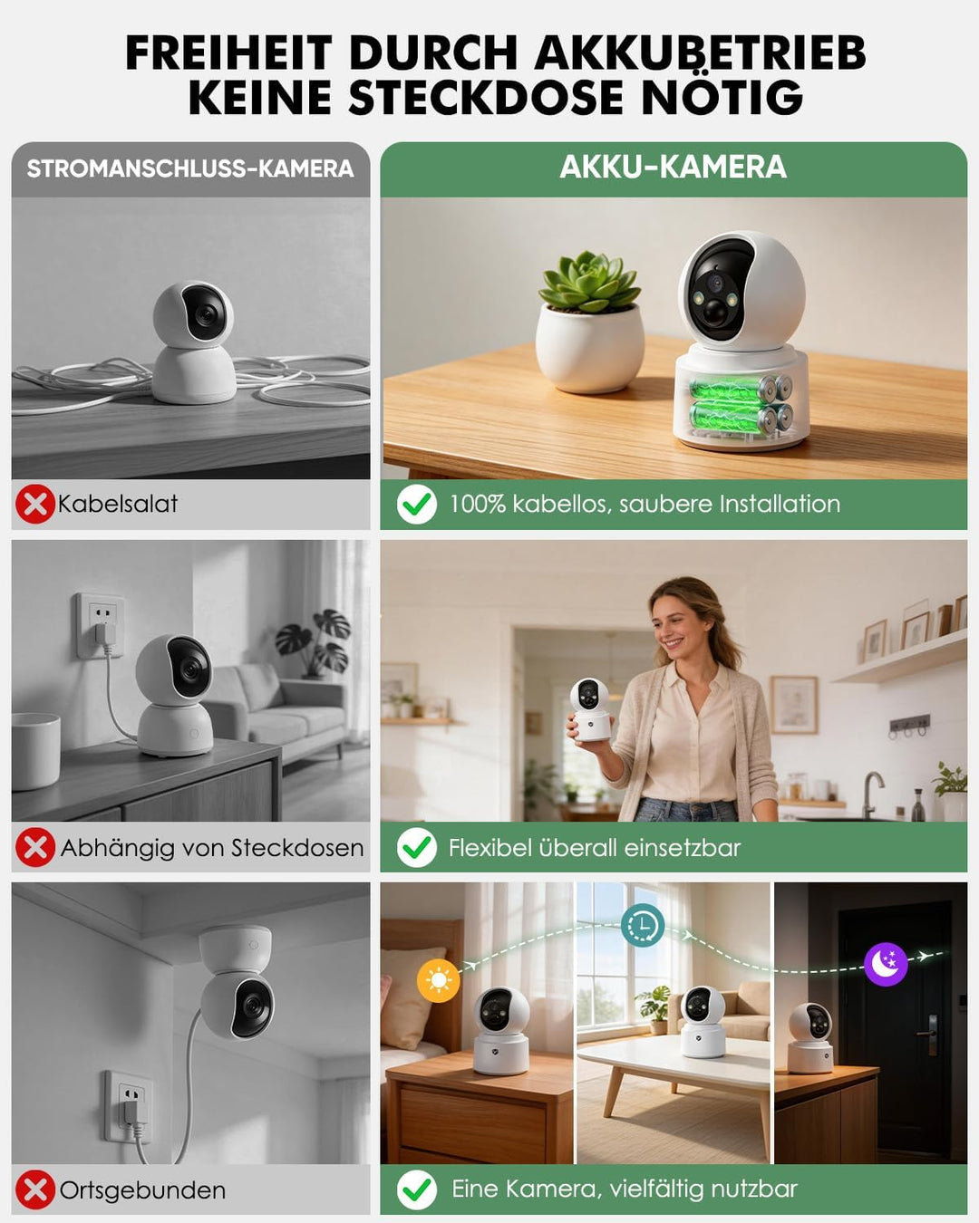 2,5K 4MP Überwachungskamera Innen Akku, 360° WLAN innenkamera mit akku, 2,4/5 GHz WiFi, 360° Kamera