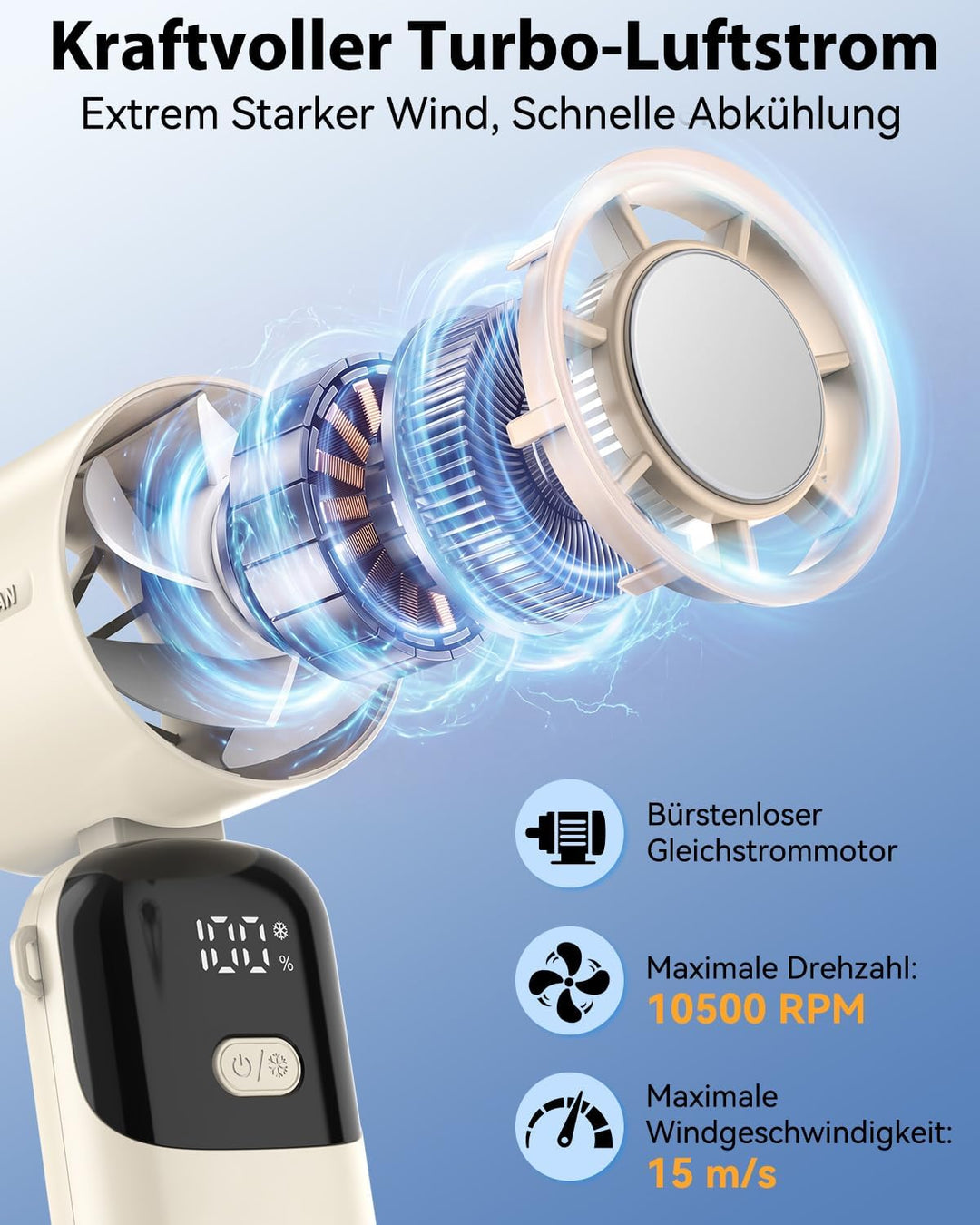 Timiyou Tragbarer Handventilator mit 100 Windstufen &amp; Eiskühlung | 3-in-1 Turbo 9m/s, 3600mAh Akku 1