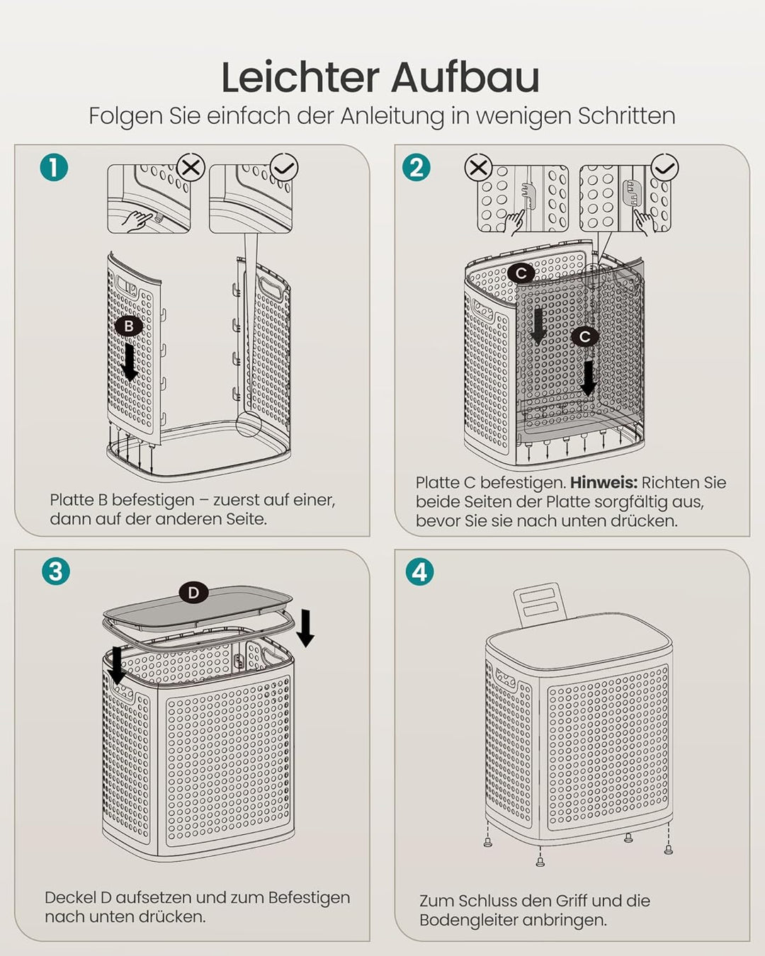 SONGMICS Wäschekorb mit Deckel, Wäschesammler Plastik, 75 L, Wäschetonne schmal, Wäschebox platzspar