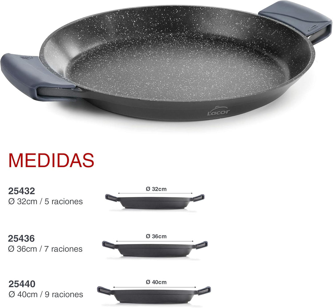 Lacor 25436 Paella-Pfanne mit Silikongriffen, Aluguss 36 cm Paella-Pfanne mit Griffen aus Silikon, 3
